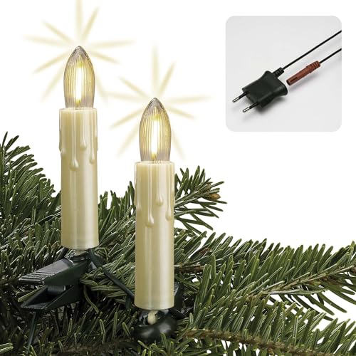 hellum Lichterkette Weihnachtsbaum Made in Germany, 20 tlg. LED Lichterkette innen, Weihnachtsbaum LED Filament Riffelkerzenkette elfenbein mit Wachstropfenoptik, Kabelfarbe grün <59 Lumen 814095 von hellum