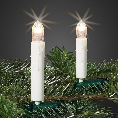 hellum Lichterkette Kerzen Weihnachtsbaum, Kerzen Lichterkette innen mit Clip, 20 Lichter weiß mit Wachstropfen, für Innen mit Stecker beleuchtete Länge 760cm, Kabelfarbe grün <59 Lumen 614022 von hellum