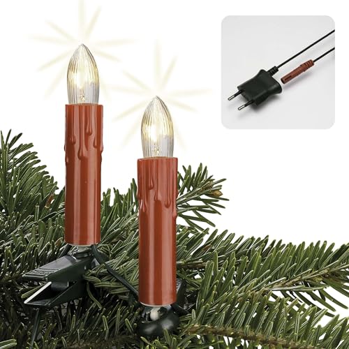 Hellum Lichterkette Weihnachtsbaum Wachstropfen Made in Germany, 13,3m beleuchtet, 20 roten Riffelkerzen, Weihnachtsbeleuchtung innen, Kabel grün, Stecker teilbar und Clip, klar Glühfaden <59lm 814033 von hellum