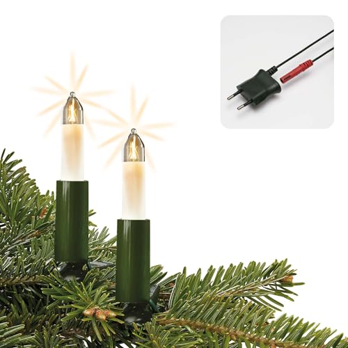 hellum Lichterkette Weihnachtsbaum Made-in-Germany, Tannenbaum Lichterkette mit Clip, 15 Kleinschaftkerzen, beleuchtete Länge 980cm, Kabel grün Schaft weiß, für innen mit teilbarem Stecker 831641 von hellum