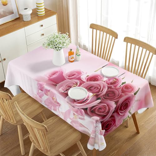 Tischdecke Outdoor Rosa Blumen Tischdecke, Schmutzabweisend, Rechteckig, Outdoor Tischdecke Wasserabweisend Polyester Gartentisch Abwaschbar Schmutzabweisend Pflegeleicht von hfdch