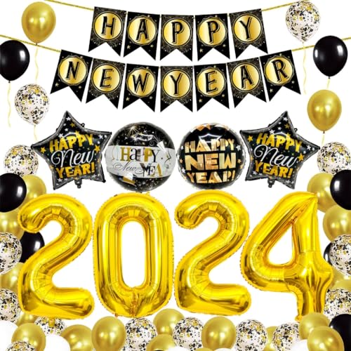 hgnxa 2024 Neujahr Party Dekoration Set Happy New Year Ballon Zubehör Foto Requisiten mit Banner Zahlenballon von hgnxa