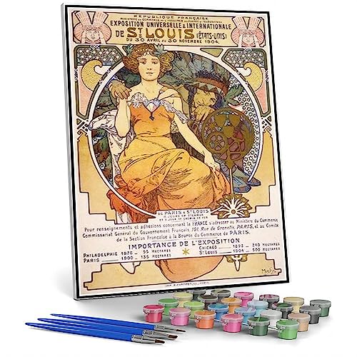 Malen nach Zahlen für Erwachsene Jugendstil Farbe Lithografie Poster zeigt eine sitzende Frau, die die Hand eines einheimischen Gemäldes von Alphonse Mucha umklammert, DIY Malen nach Zahlen Kits auf von hhydzq