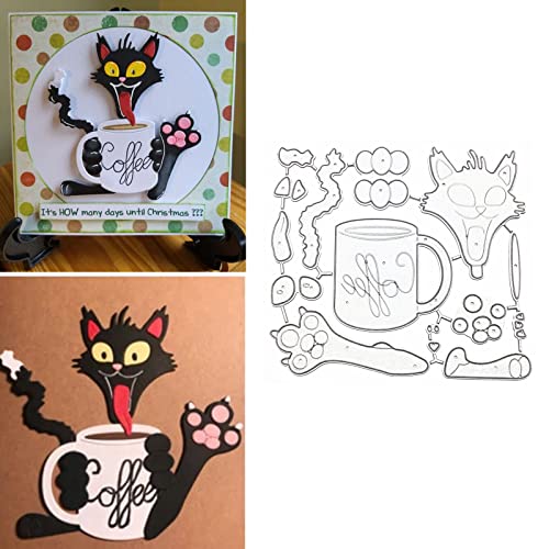 Katze Kaffee Metall Stanzformen, niedliche Katze Tier Rahmen Schablonen DIY Handwerk Karten Stanzformen Schnitte für DIY Prägung Karten Herstellung Foto Dekorative Papierschablonen Scrapbooking von hinanana