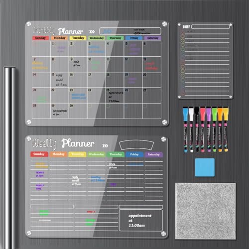 Hivillexun 3er-Pack Acryl-Magnet-Trockenlösch-Boards-Set – Organisieren Sie sich mit monatlichen, wöchentlichen und täglichen Notizblöcken an Ihrem Kühlschrank, an der Wand und im Gefrierschrank von hivillexun