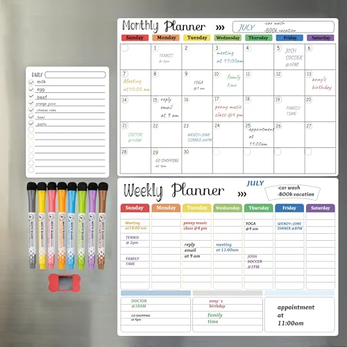 Hivillexun Magnetisches Trockenlösch-Kalender-Whiteboard-Set (3er-Pack) für Kühlschrank, Wand und Organisation – Mit monatlichen, wöchentlichen und täglichen Notizblöcken von hivillexun