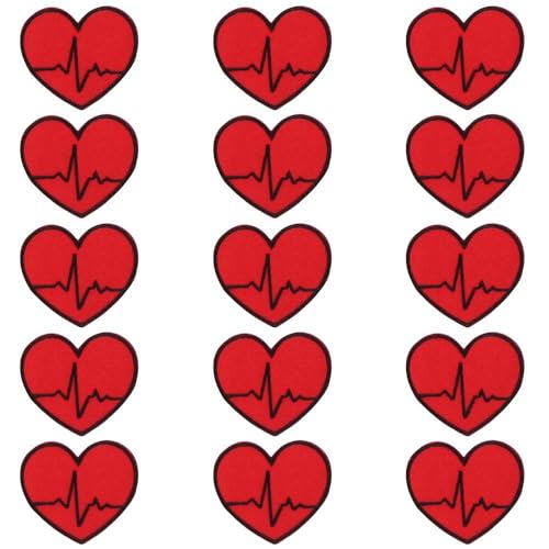 hobbyhub 15 Stück süße Herz-Patches, rotes Liebesabzeichen, Kleidung zum Aufbügeln, bestickter Aufnäher, medizinisches Herz, EKG zum Aufnähen oder Aufbügeln für Jacken, Hüte, Rucksäcke, Jeans, von hobbyhub