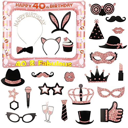 hocadon 25 Stück 40 Geburtstag Fotoaccessoires und Aufblasbarer Bilderrahmen 40, Fotobox Accessoires Geburtstag für 40 Geburtstagsparty Zubehör(Rosegold) von hocadon