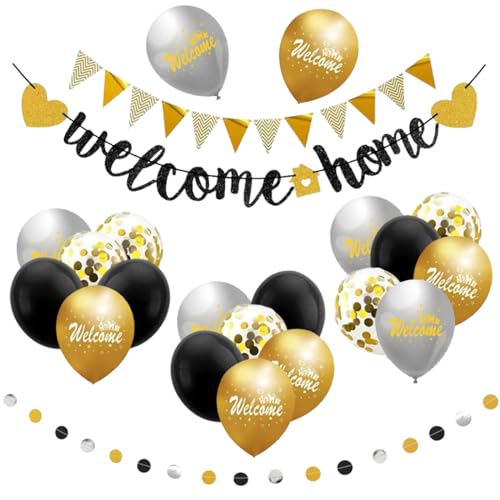 hocadon Welcome Home Banner Dekoration, Welcome Home Ballon, Willkommen Zuhause Banner, Welcome Deko für Babyshowerparty Deko, Einweihungsparty Deko, Familie Party(Gold,Silber,Schwarz) von hocadon