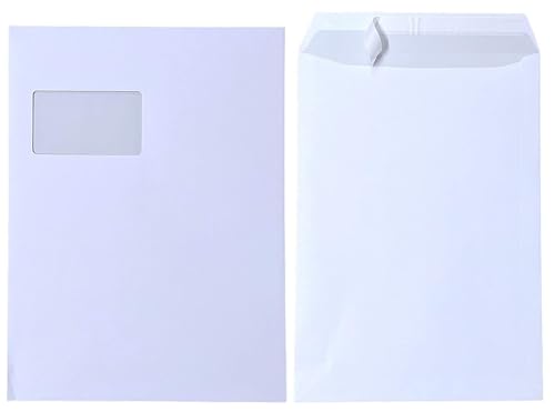 50x Versandtaschen DIN C4 A4 weiß peal&seal Klebestreifen mit Fenster 324x229mm 100g/m2 (mit Fenster) von hoffnungsart