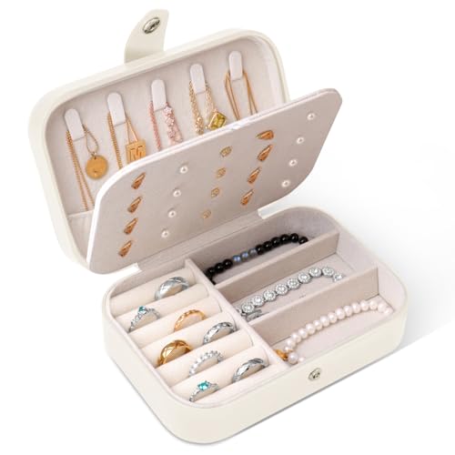 Schmuckkästchen Reise, Schmuckkasten klein Schmuckaufbewahrung tragbar Schmuckschatulle für Damen Mädchen, Schmuckbox Organizer ür größere Accessoires, Ringe, Ohrringe, Halsketten und Armbänder, Weiß von hoinya