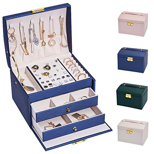 hombrima Schmuckschatulle, abschließbar, Schmuckschatulle für Damen, mit 2 Schubladen und 3 Ebenen, Aufbewahrung für Uhren, Halsketten, Ringe, Armbänder, Geschenkideen (Groß-Blau) von hombrima