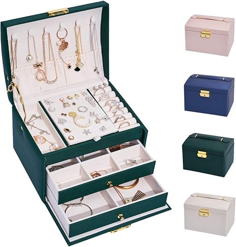 hombrima Schmuckschatulle, abschließbar, Schmuckschatulle für Damen, mit 2 Schubladen und 3 Ebenen, Aufbewahrung für Uhren, Halsketten, Ringe, Armbänder, Geschenkideen (Groß-Dunkelgrün) von hombrima