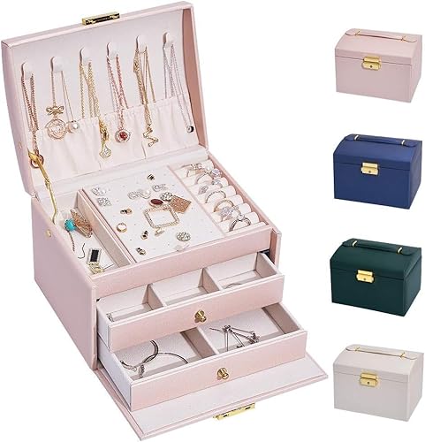 hombrima Schmuckschatulle, abschließbar, Schmuckschatulle für Damen, mit 2 Schubladen und 3 Ebenen, Aufbewahrung für Uhren, Halsketten, Ringe, Armbänder, Geschenkideen (Groß-Rosa) von hombrima