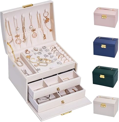 hombrima Schmuckschatulle, abschließbar, Schmuckschatulle für Damen, mit 2 Schubladen und 3 Ebenen, Aufbewahrung für Uhren, Halsketten, Ringe, Armbänder, Geschenkideen (Groß-Weiß) von hombrima