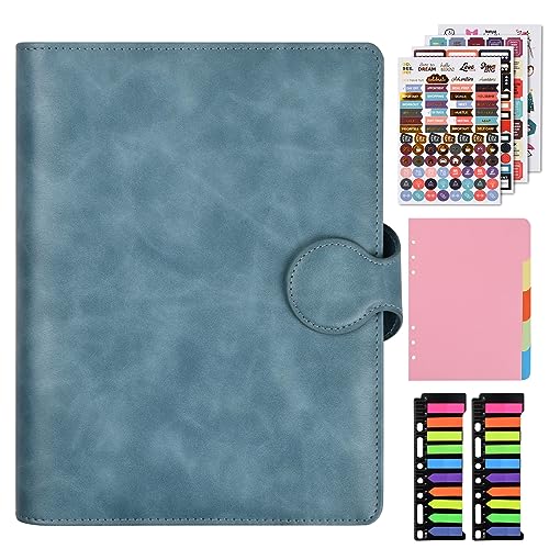 Notizbuch a5, 6 Löcher Leder(PU) Binder Nachfüllbar, Ringbuchordner Ringbinder Planer mit Füllpapier, Planungsaufkleber, Skalen, Indexaufkleber, 80 Blatt / 160 Seiten DIN A5 (Blau) von hongmo