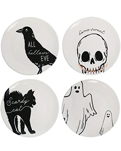 horror-shop 4 Halloween Teller mit Rabe, Geist, Totenkopf & Katze als Tischdeko von horror-shop