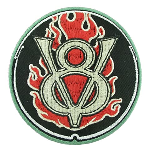 hotrodspirit - Patch, Logo, V8, rund, schwarz, Flammen, Rot, 7,5 cm, zum Aufbügeln, Jacke von hotrodspirit