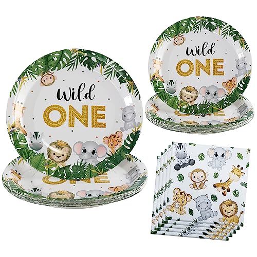 hpnparty Wild One Geburtstag Deko Partygeschirr Set für 25 Gäste,75pcs geburtstag deko party kindergeburtstag Junge Mädchen 1 Jahr Safari Dschungel Party 1 Geburtstag Papier Teller Servietten von hpnparty