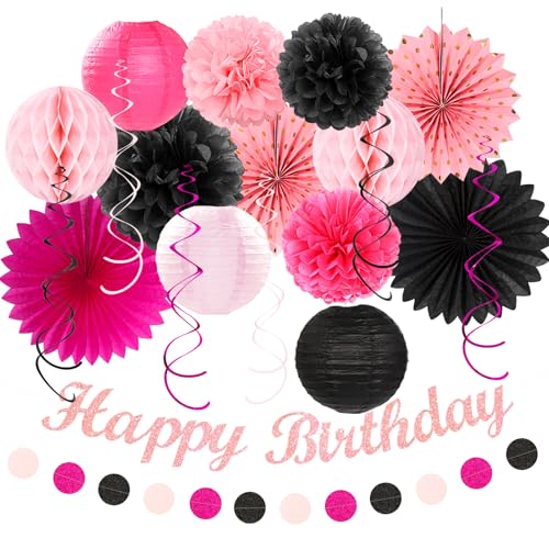 Party-Dekorationen für Mädchen und Frauen, Hot Pink, 21 Stück, Baby-Happy Banner, Papier-Luftschlangen, Laternen, Seiden-Pom-Poms, Fächer, Hintergrunddekoration Huglony von huglony