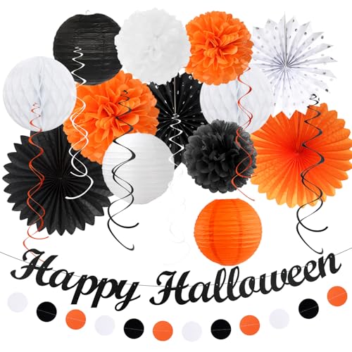 Schwarz-weiß-orangefarbene Happy-Halloween-Party-Dekorationen – 21 Stück Geburtstagsbanner, Papierlaternen, Wabenmuster, Seiden-Pompons, Blumenfächer, Kinderzimmer, Klassenzimmer, hängende von huglony