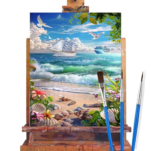 Malen Nach Zahlen Erwachsene Strand,Schiff Malen Nach Zahlen DIY set Handgemalt Ölgemälde,Mit Pinseln und Acrylfarbe,Bastelset Erwachsene Frauen für Geschenke und Home Wand Dekoration (30x50cm) C23 von huuyaofaa