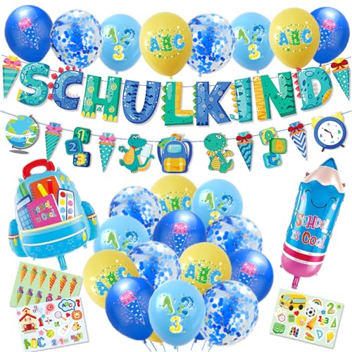 Einschulung deko Junge,SCHULKIND Deko,Blaue Dinosaurier Schulanfang Junge Deko Set,SCHULKIND Banner+Zuckertüte Girlande+Luftballons mit ABC 123+Paillettenballons+Zuckertüten Papierstücke+Pencil Sch von iDattel