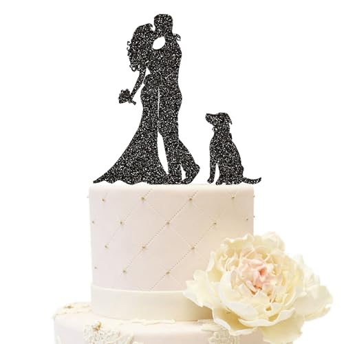 iEventStar Acryl Hochzeitstortenaufsatz für Braut und Bräutigam mit einem Hund Party Kuchen Dekoration (Paar mit 1 Hund, Glitzerschwarz) von iEventStar