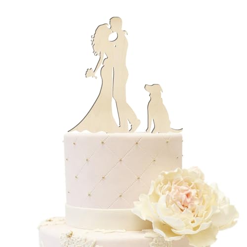 iEventStar Acryl Hochzeitstortenaufsatz für Braut und Bräutigam mit einem Hund Party Kuchen Dekoration (Paar mit 1 Hund, Holz) von iEventStar