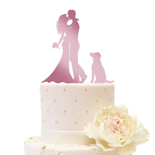 iEventStar Acryl Hochzeitstortenaufsatz für Braut und Bräutigam mit einem Hund Party Kuchen Dekoration (Paar mit 1 Hund, Spiegel Rosa) von iEventStar