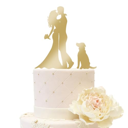 iEventStar Acryl Hochzeitstortenaufsatz für Braut und Bräutigam mit einem Hund Party Kuchen Dekoration (Paar mit 1 Hund, Spiegelgold) von iEventStar