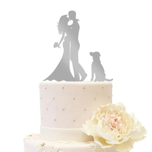 iEventStar Acryl Hochzeitstortenaufsatz für Braut und Bräutigam mit einem Hund Party Kuchen Dekoration (Paar mit 1 Hund, Spiegelsilber) von iEventStar