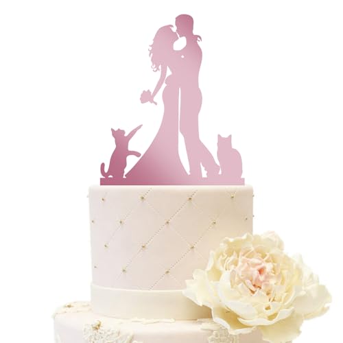 iEventStar Braut und Bräutigam Hochzeitstorte Topper Hochzeitsdekoration mit zwei Katzen Partydekorationen aus Acryl (Paar mit 2 Katzen, Spiegel Rosa) von iEventStar