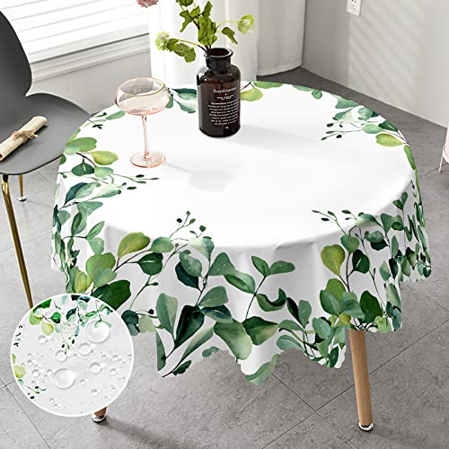 iEvery Tischdecke Rund 150 Abwaschbar, Eukalyptus Gartentischdecke Floral Wasserdicht Runde Tischdecke für Draußen Polyester Outdoor Table Cloth Waterproof für Küche Gartentisch Esstisch Party von iEvery