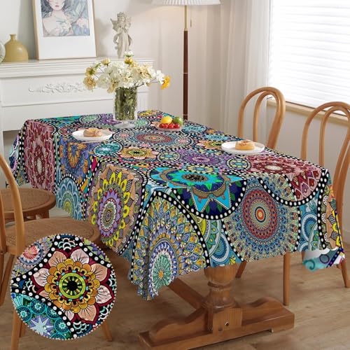 iEvery Rechteckige Tischdecke, schmutzabweisend, beschichtet, Boho, 110 x 140 cm, Tischdecke für den Außenbereich, wasserdicht, aus Polyester, Tischschutz für Esszimmer, Garten, Küche, Picknick von iEvery