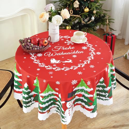 iEvery Tischdecke Rund Weihnachten, 150cm Runde Weihnachtstischdecke Schneeflocke Abwaschbar Polyester Tischtuch für Weihnachtstag Neujahr Party Dekoration, Frohe Weihnachten, Rot Rund von iEvery