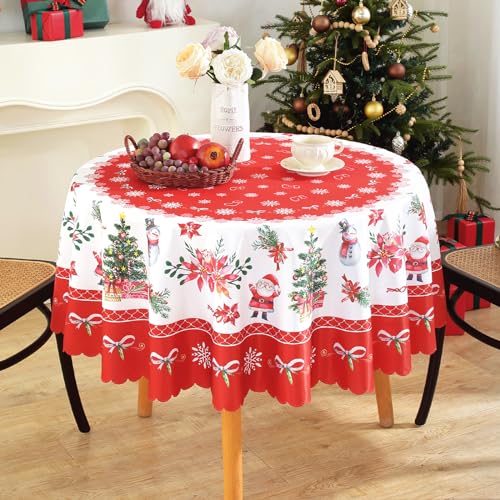 iEvery Tischdecke Rund Weihnachten, 150cm Runde Weihnachtstischdecke Schneeflocke Abwaschbar Polyester Tischtuch für Weihnachtstag Xmas Neujahr Party Dekoration, Rot Rund von iEvery