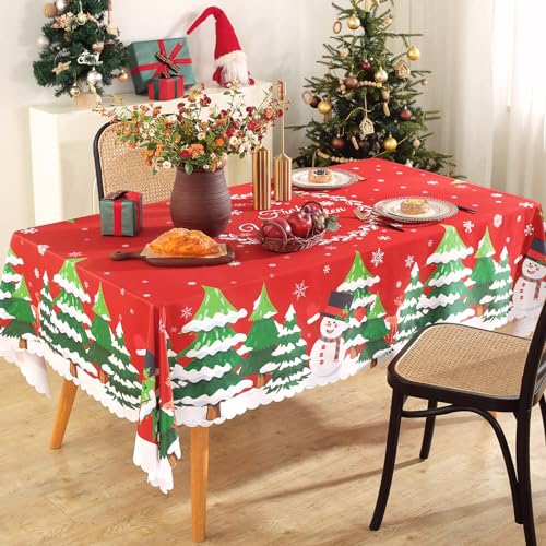 iEvery Tischdecke Weihnachten140x180 Fleckschutz Weihnachtstischdecke Schneeflocke Abwaschbar Tischtuch Polyester Table Cloth für Weihnachtstag Küche Neujahr Party Dekoration, Rot Rechteckig von iEvery