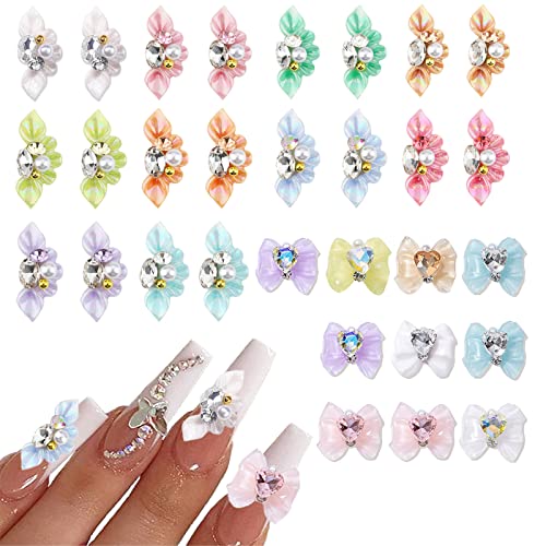 iFeeyea 30 Stück 3D Nail Charms, Bunt Blume Nail Art Charms mit Blumen Perlen Edelsteine Strass, Bowknot Nail Charms mit Herz Strass Nail Art Dekorationen Supplies Nail Zubehör von iFeeyea