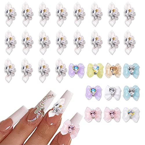 iFeeyea 30 Stück 3D Nail Charms, weiße Blume Nail Art Charms mit Blumen Perlen Edelsteine Strass, Bowknot Nail Charms mit Herz Strass Nail Art Dekorationen Supplies DIY Nail Zubehör von iFeeyea