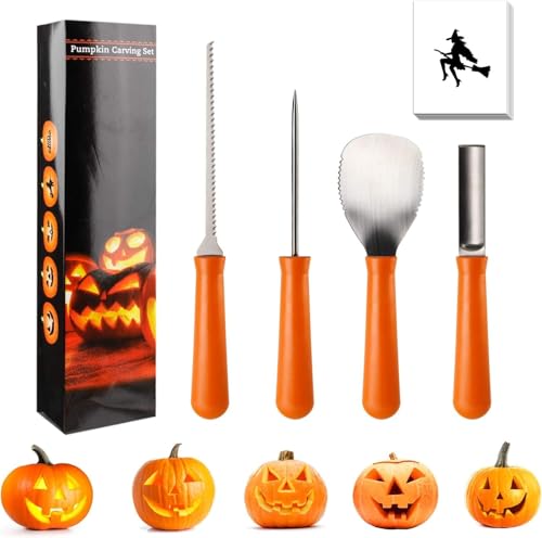 iKALULA Kürbis Schnitzwerkzeuge, Halloween Kürbis Schnitzset, 4 Stück Edelstahl Kürbis Schnitzwerkzeuge, DIY Kürbis Carving Set, KüRbis Schnitz Tool Kit mit 10 Schnitz Vorlagen, Halloween Dekoration von iKALULA