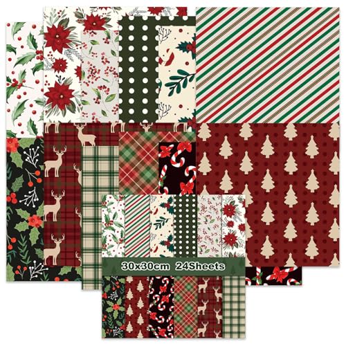 12 × 12 Vintage Weihnachten Scrapbook Papier Weihnachten Muster Papier - 24 Blatt Doppelseitiges Rot Grün Dekoratives Bastelpapier Journaling Papier für Urlaub Kartenherstellung DIY Origami von iKammo