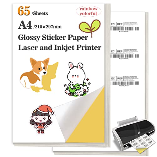 Etiketten Selbstklebend Bedruckbar, Stickerpapier Zum Selbst Drucken A4, 65 Sheets,Glossy Paper Label for Office Supplies Laser Inkjet Printers von iMustech