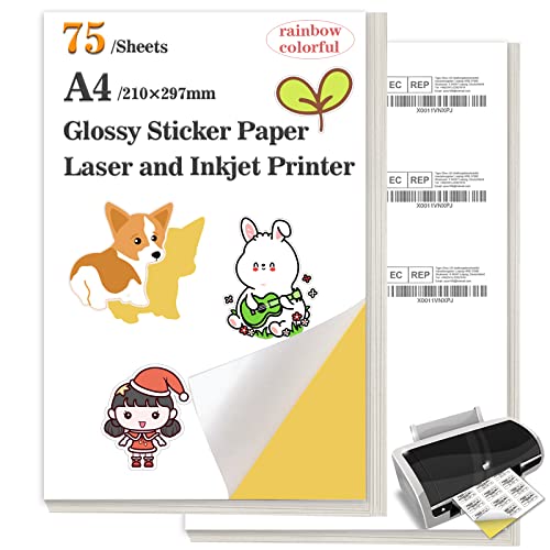 Selbstklebende Universal-Etiketten, 75 Blatt, 210 x 297 mm, glänzendes Papier für Drucker, Klebepapier, A4, Etikettendrucker, bedruckbar für Bürobedarf, Laser- und Tintenstrahldrucker von iMustech