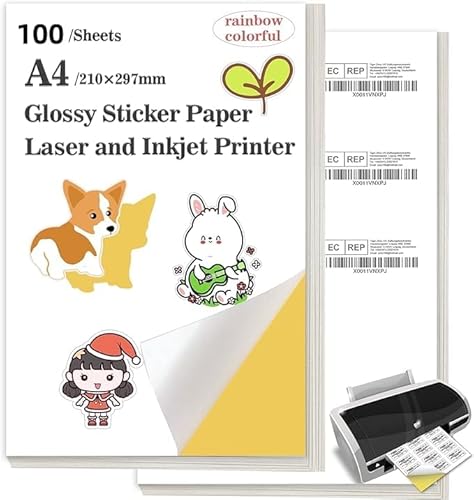 Etiketten Selbstklebend Bedruckbar, Stickerpapier Zum Selbst Drucken A4, 100 Sheets- Glossy Paper Label Printable for Laser and Inkjet Printers von iMustech