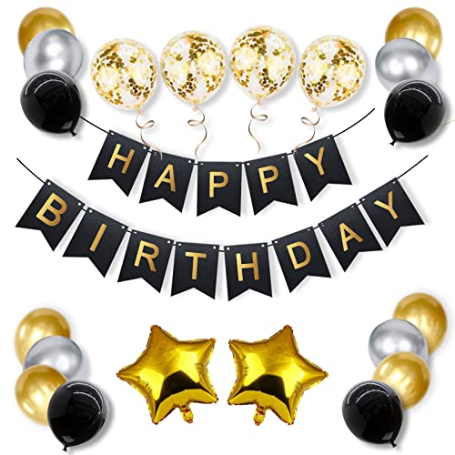 iPartyCool 36 Stück Happy Birthday Deko,Karton birthday banner geburtstag girlande,mit Folie Stern Ballon, Schwarz Gold Metallic Ballon, Konfetti Ballon, für Kinder Jungen Männer Frauen Erwachsene von iPartycool