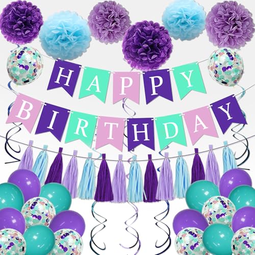 iPartycool Geburtstagsballons Happy Birthday Girlande Deko Set Geburtstagsdeko Meerjungfrau Themen Party Happy Birthday Banner mit Quastenbänder,Hängende Wirbel,Luftballons Happy Birthday Dekoration von iPartycool