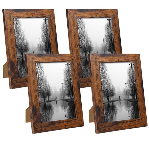 iRahmen 5x7 Bilderrahmen 4er Set mit HD Glas, 5x7 Holz Rustikaler Bilderrahmen für horizontale oder vertikale Tischplatte und Wandmontage von iRahmen