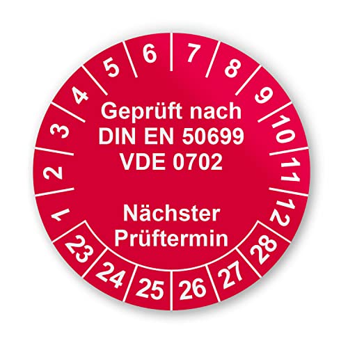 Prüfplaketten VDE Elektroprüfung Aufkleber - Geprüft nach DIN EN 50699 VDE 0702-216 Aufkleber auf 9 Bögen in Rot - Etiketten sind Selbstklebend - hin783 von iSecur