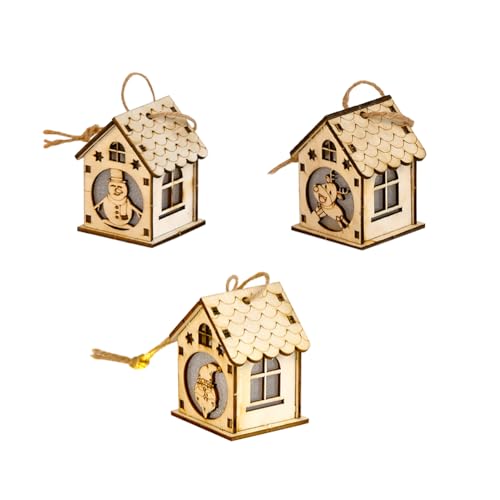 3pcs Kreative Weihnachten Holz Haus Holzbausatz, Weihnachtslicht Holzhaus Weihnachtliches leuchtendes Haus aus Holz zum Aufhängen, LED Holz Weihnachtsschmuck Hängend Christmas Tree Decor von iSpchen